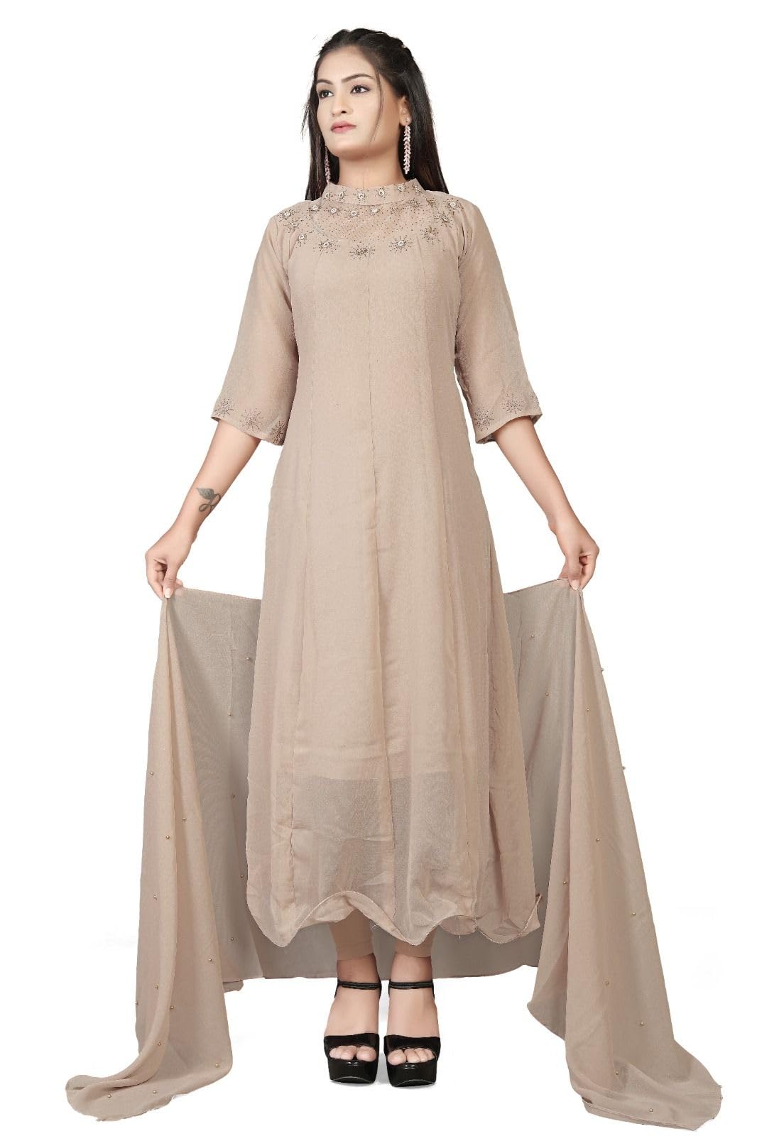 RACHNA ETHNIC CREATION Women's Solid Georgette Regular Fit 3/4 Sleeve Lightweight Casual Ethenic Wear Full Length Gown Kurti (R_K_C_20776)