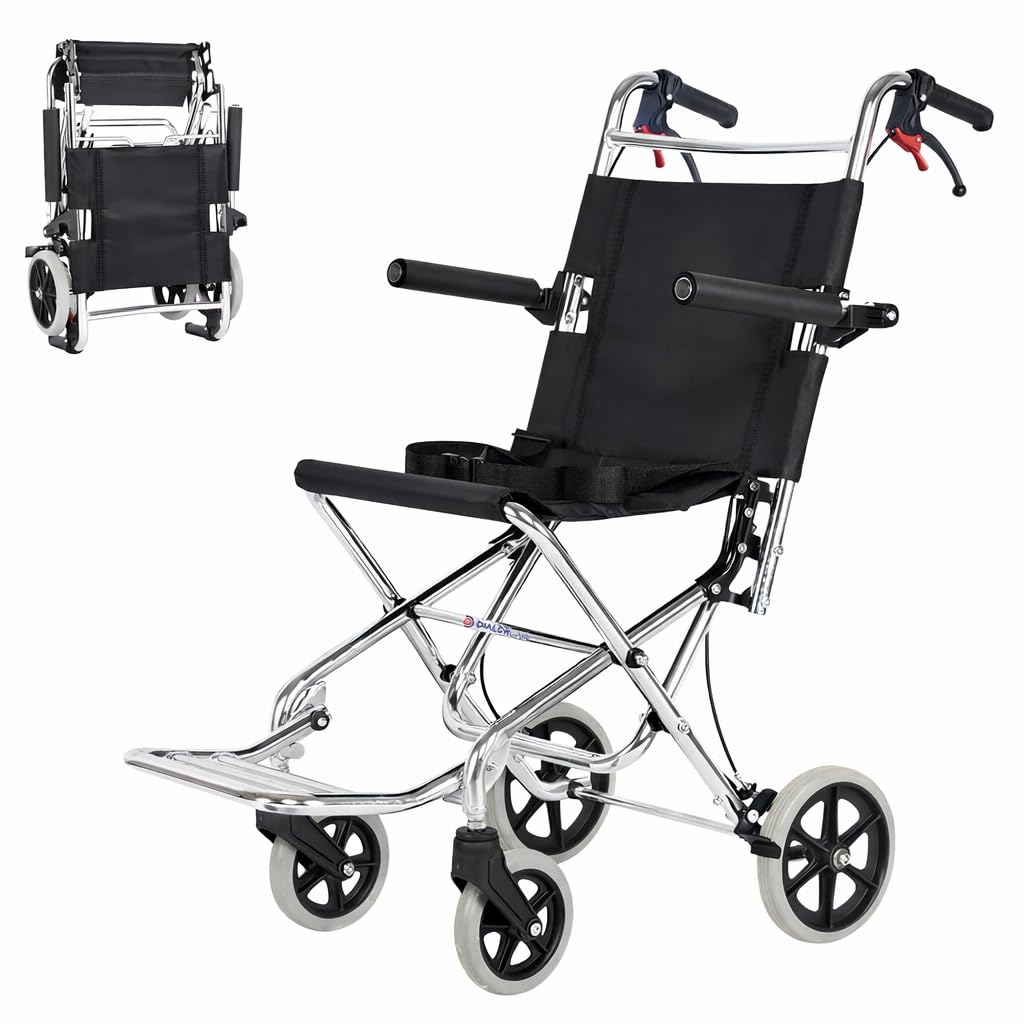 DIALDRCARE Aluminium Folding Transport Wheelchair with Hand Brakes, Footrest and Reversible Armrest Rollator for Medical Senior Citizens (Black:70 kg weight Capacity) (Black)