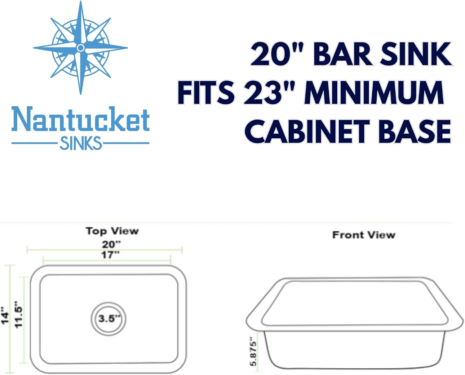 Nantucket Sinks Bar Sink – 20" Small Kitchen Sink, Hammered Stainless Steel for Wet Bar Prep, Undermount or Drop In, Handmade, Single Bowl, Rectangular – Brightwork Collection RES2014