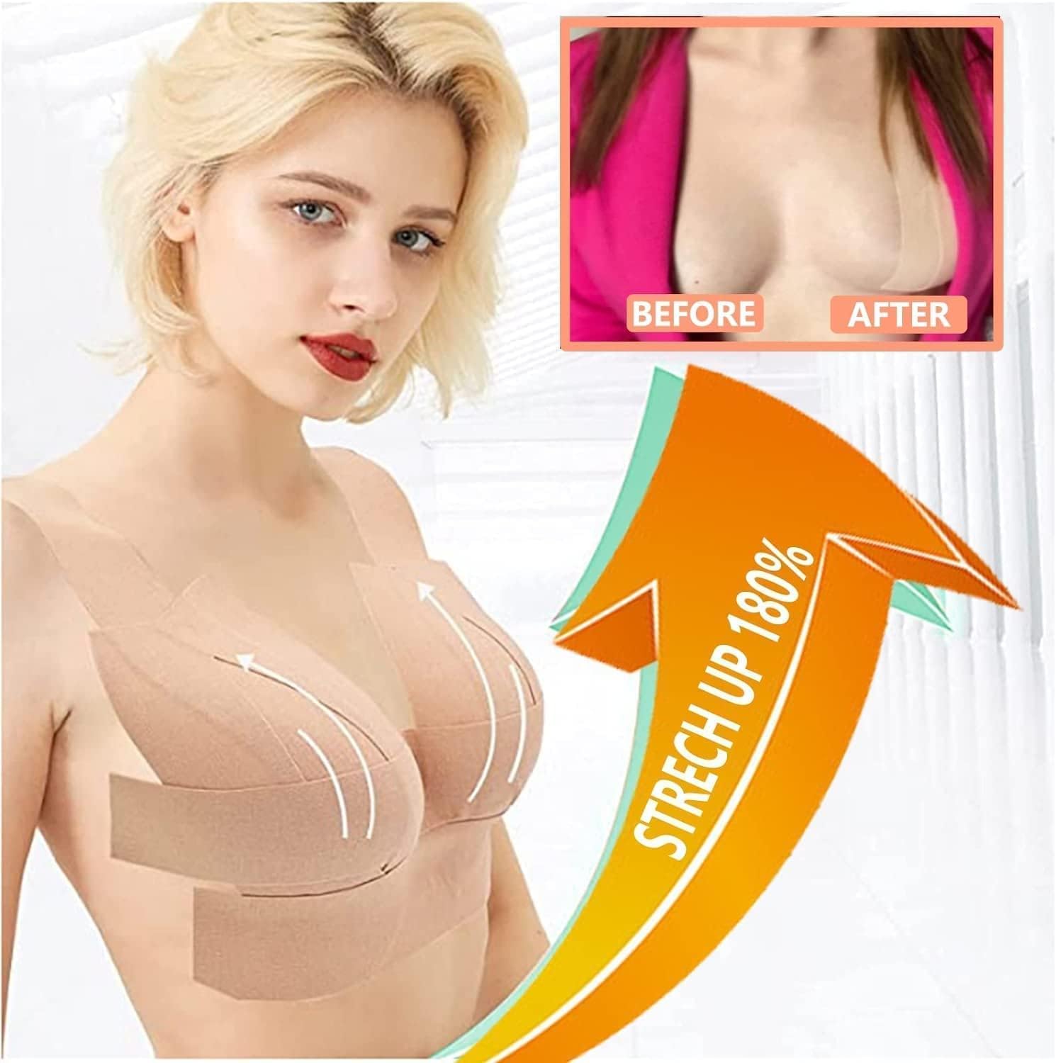 Boob Tape, Boobytape for Breast Lift Breast Tape,Bob Tape for Breast Lift, Breathable Athletic Tape with 2 PCS Silicone Breast Petals Reusable and Waterproof Adhesive Bra for A-E Cup Large Breast