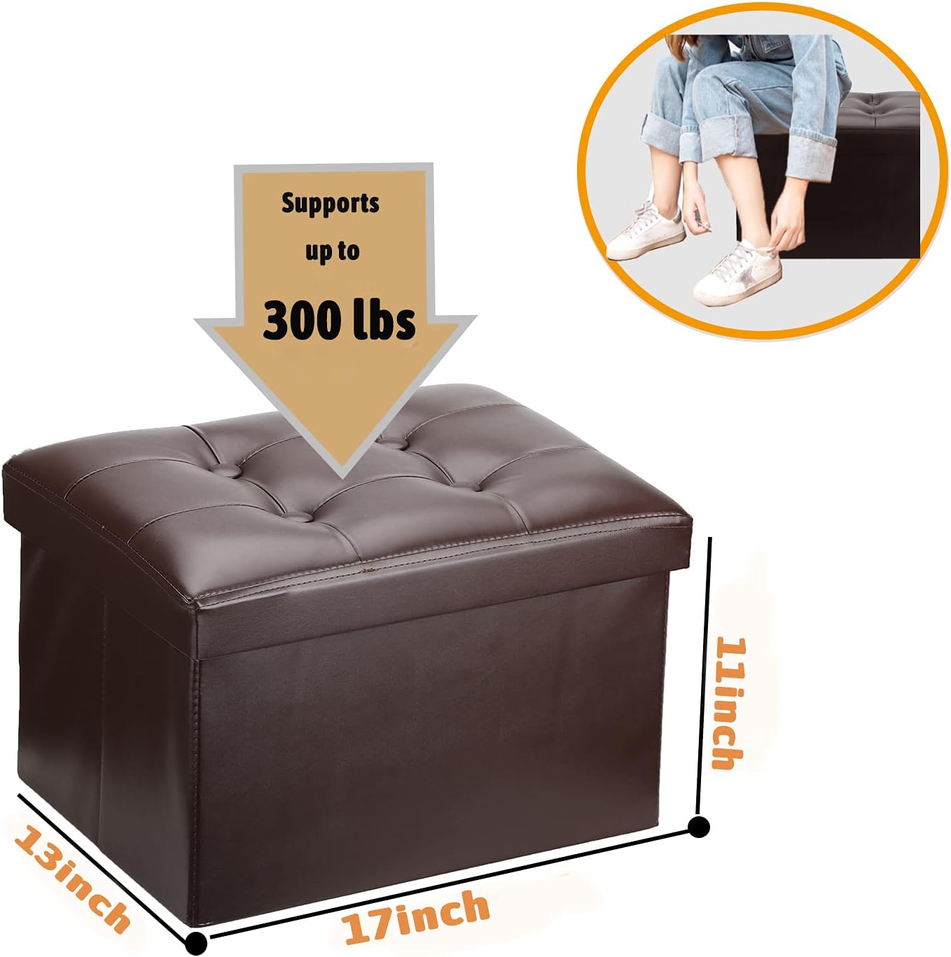 COQOFA Small Leather Ottoman Foot Rest Stool Short Ottoman Stool Folding Storage Ottoman Thicker Foam Especially for Foot Rest 17X13X11 in Brown