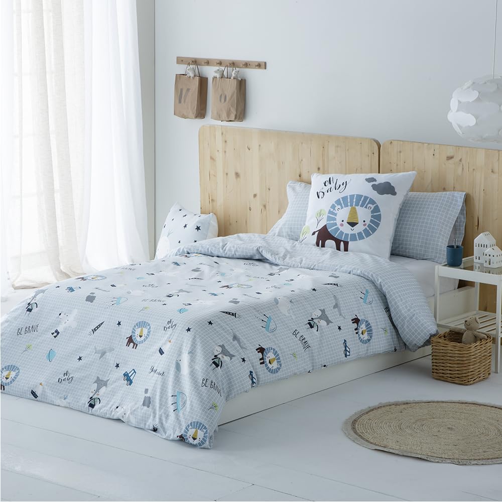 COTTON ARTean Funda Nórdica Infantil Cama 90 Percal algodón 180 Hilos OH Baby REVERSIBLE Funda edredón 150x260 + 1 Funda de Almohada Gris