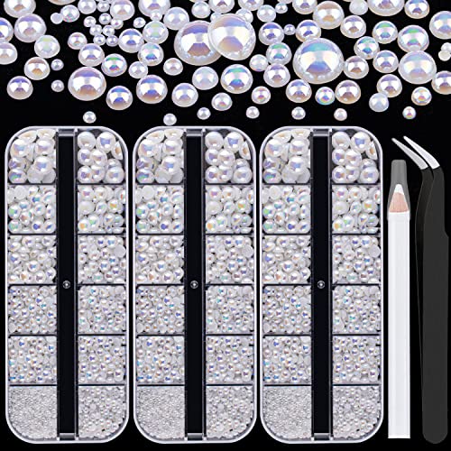 Belleboost Flat Back Pearls Kits 3 Boxes Of Flatback White Ab Half Round Pearls With Pickup Pencil And Tweezer For Home Diy And Professional Nail Art, Face Makeup And Craft #TOP17