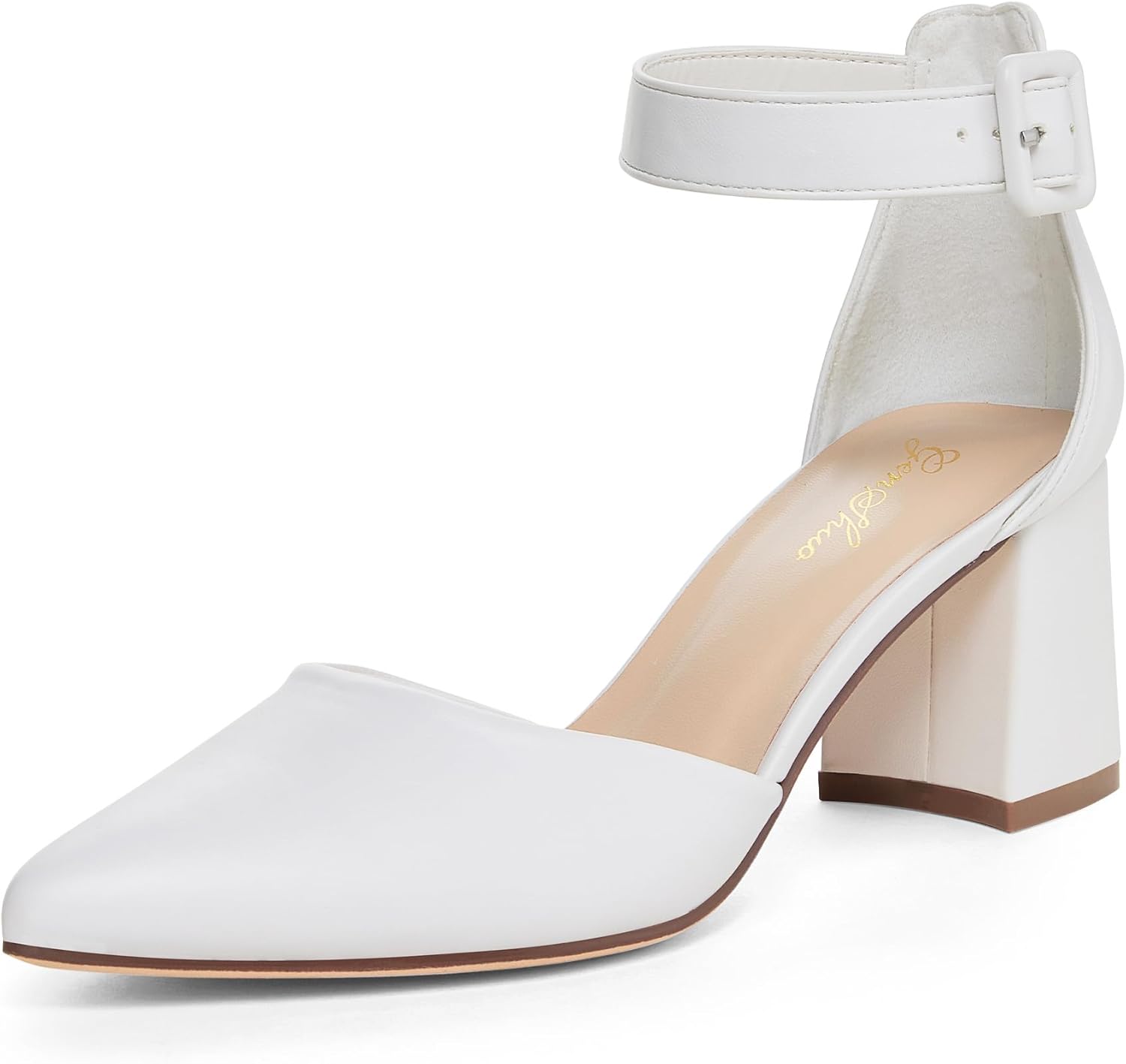 GENSHUO Damespumps met gesloten teen, blokhak, 6 cm, enkelriem, comfortabel voor werk en avonden, Goud, 38 EU
