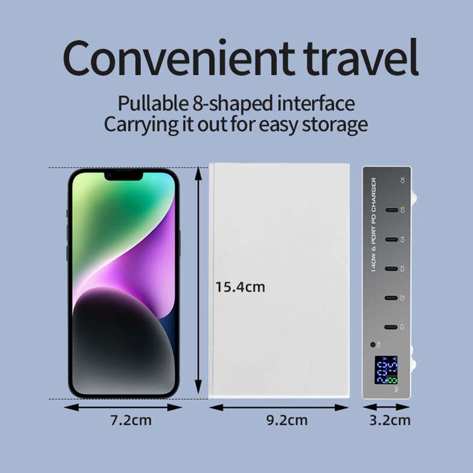 Caricabatterie PD a 6 Porte 140 W più Porte USB per Telefono, Notebook, Tablet, Adattatore per Caricabatterie per Telefono QC3.0 PD3.0, Stazione di Ricarica Rapida da 30 W