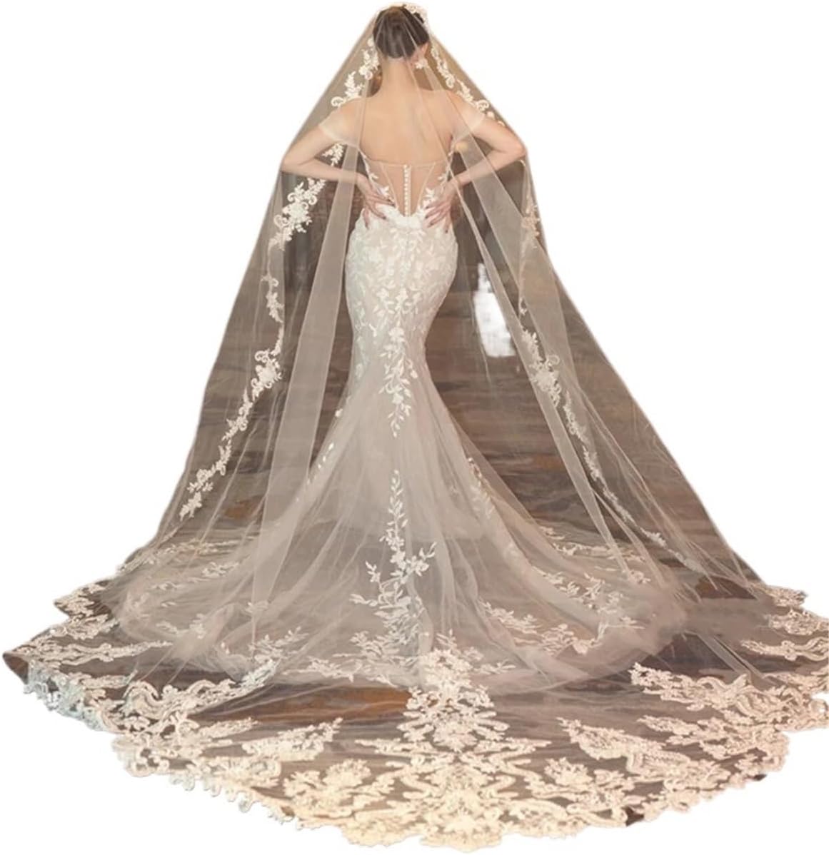 Elegant White Cathedral Length Bridal Veil with Appliqué - Timeless Wedding Accessory for Brides Girls