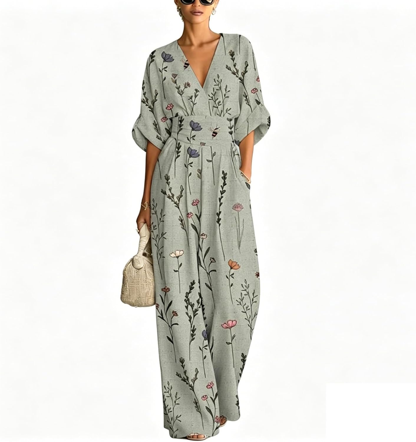 Generisch Elegant Women's Jumpsuit with Print Fitted Fit V-Neck for Office Holiday or Everyday Use Airy Design Perfect for Sunny Days