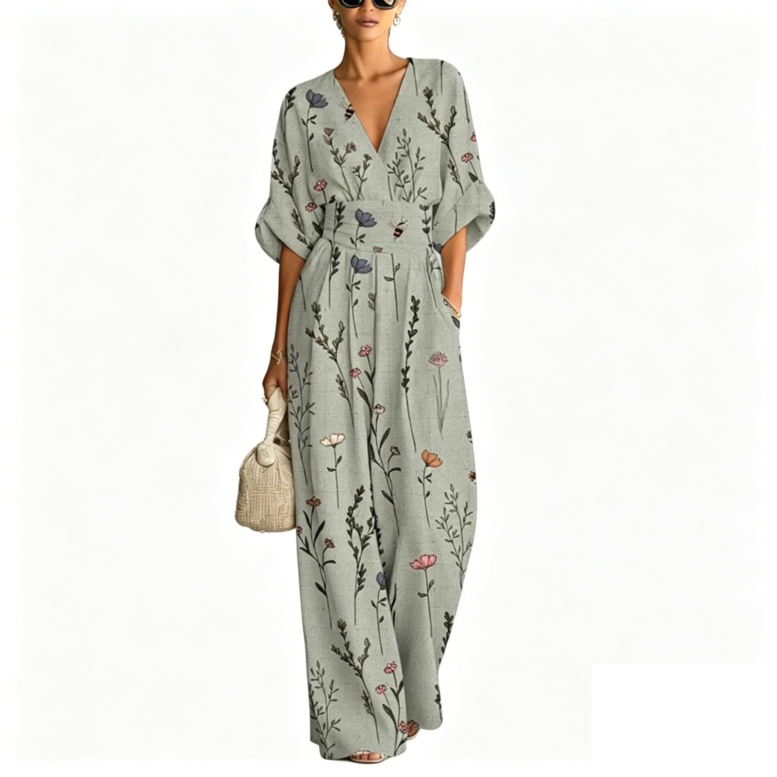 Generisch Jumpsuit Damen Kurzarm Weites Bein Jumpsuit - Locker Elegant V-Ausschnitt Hosenanzug Weites Bein Playsuit Lang Romper Mit Taschen Leicht Atmungsaktiv Summer Overalls Festliches Outfit