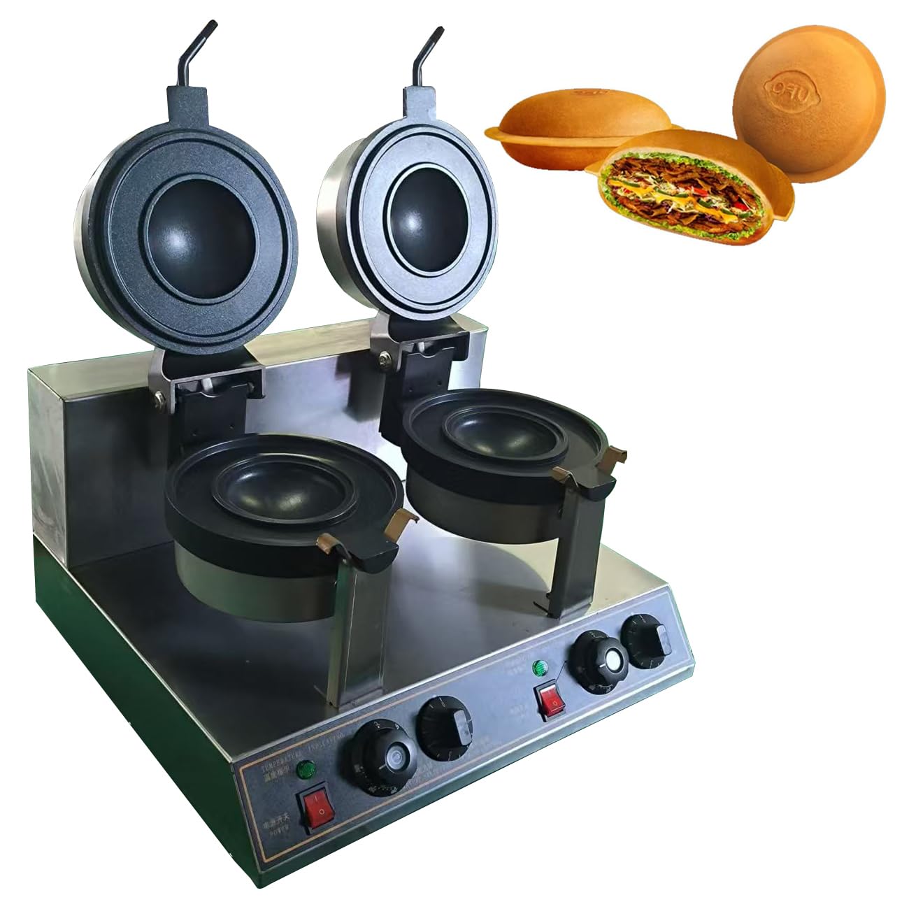 EEYZD Double-Sided Heating Sealed Burger Maker Machine, Ice Cream Sandwich Maker for Snack Food, Street Food,1300W Commercial UFO Ice Cream Hamburger Waffle Press 5 min Timer,Double Head