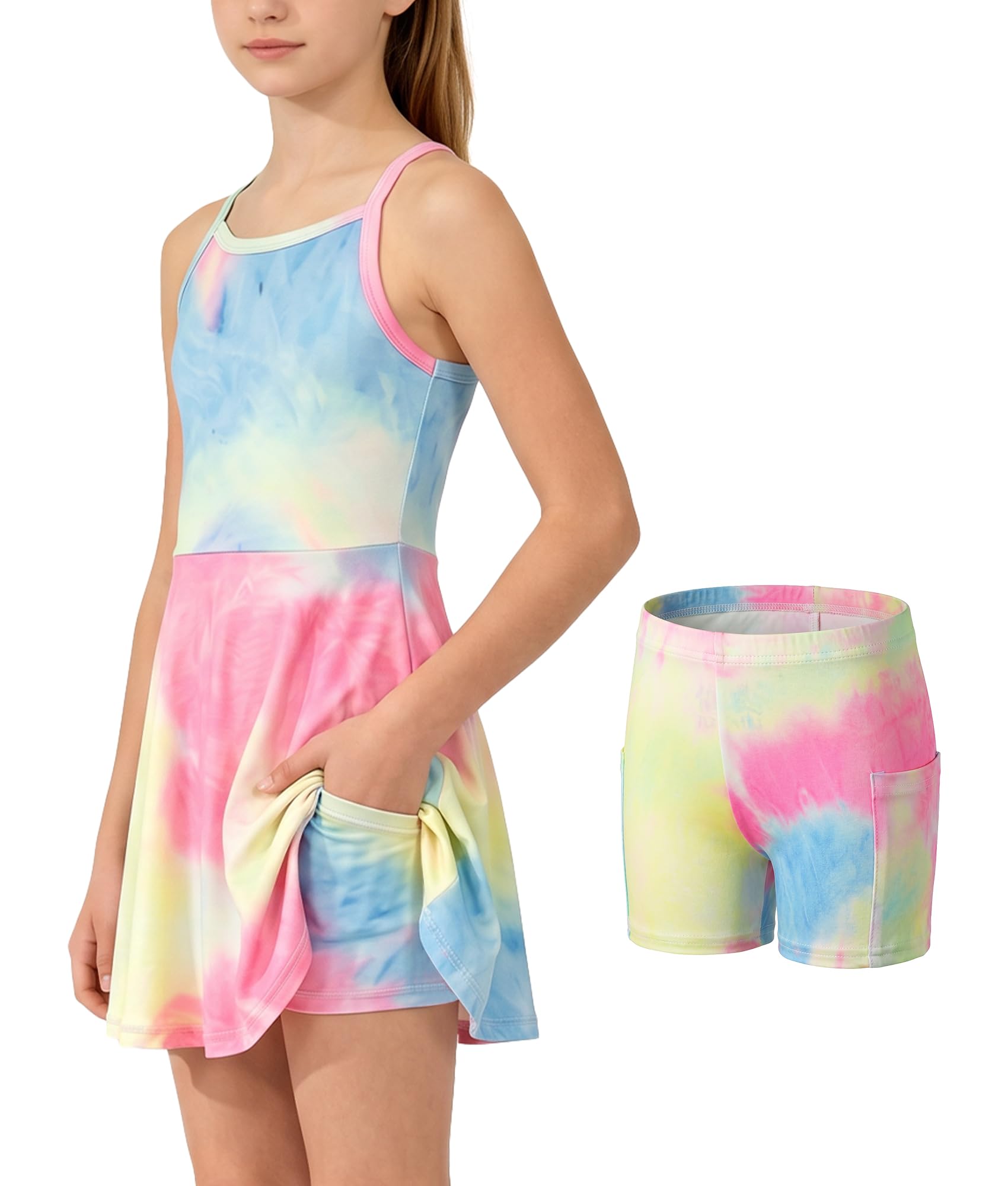 Mädchen Tenniskleid Kinder Ärmellos Sportkleid + Shorts Golf Tennis Sport Kleidung Set Training Bekleidung Sportsanzug Jogging Workout Tie Dye Kleid