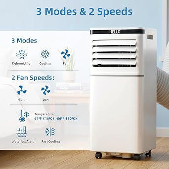 Portable Air Conditioner, 8000 BTU, Cools Up to 350 Sq Ft, Remote Control, 2 Fan Speeds, 24 Hour Timer, Quiet Operation & Fan Mode, Portable AC for Bedroom, Office, Home & Dorm