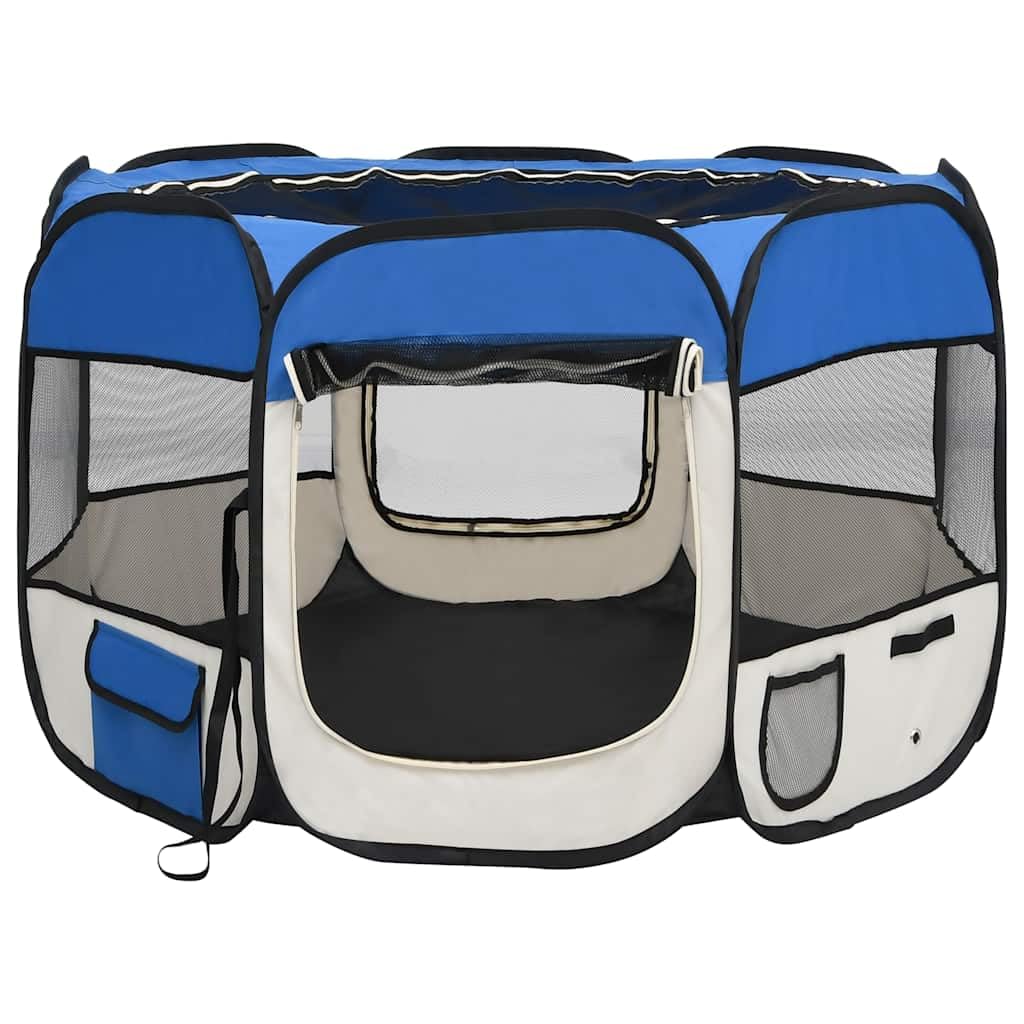 Parque plegable para cachorros con bolsa de transporte, color azul, 90 x 90 x 58 cm, marco de metal estable, plegable y portátil, ideal para entrenamiento, protección y seguridad en el