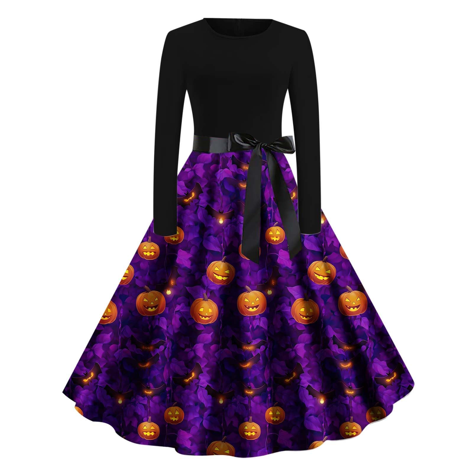 HAOLEI Halloween Costumes Adult Women, Ladies Halloween Dress Retro Pumpkin Skeleton Print Long Sleeve A Line Swing Dress Black Vintage Skull Witch Rockabilly Party Cocktail Novelty Dresses