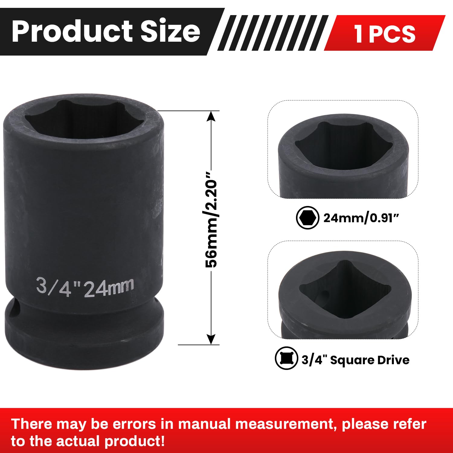 Deep 6-Point Impact Socket 3/4" Drive 24mm,Chrome Molybdenum Steel, Anti-Rust Metric Hex Socket for Car Repairs and Impact Wrench - Image 2