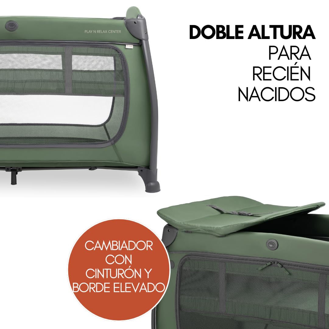 hauck Play n Relax Center Set de Cuna de Viaje Bebe con Colchon y Mosquitera | Dos Alturas para Recién Nacidos - Parque Infantil con Cambiador y Ruedas - Verde