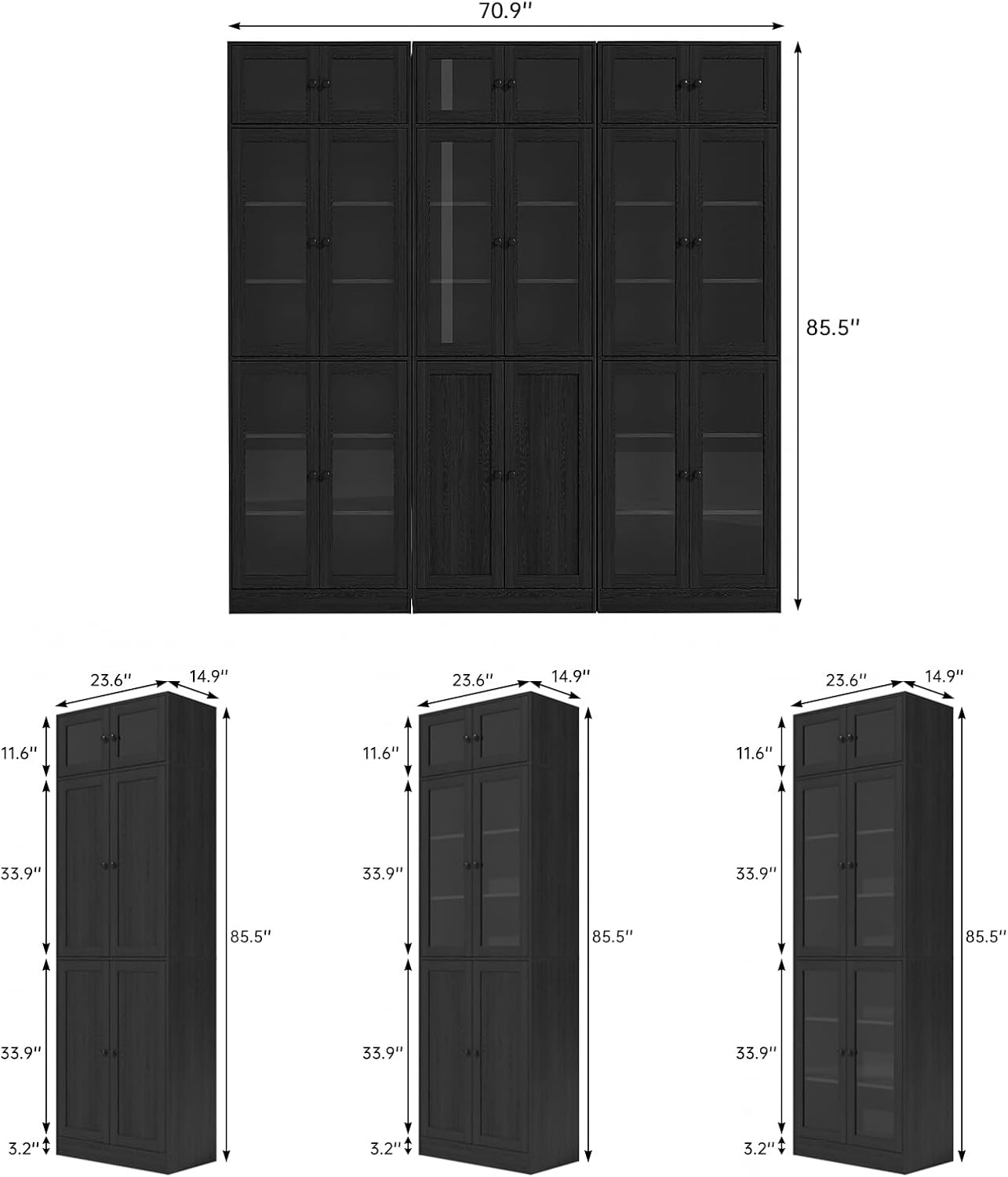 VOWNER 85.5" Tall Curio Cabinet, Classic Bookcase with Doors, Elegant 7 Tier Bookshelf, Glass Display Cabinet for Home Office, Large Storage Pantries Set for Living Room (Black)