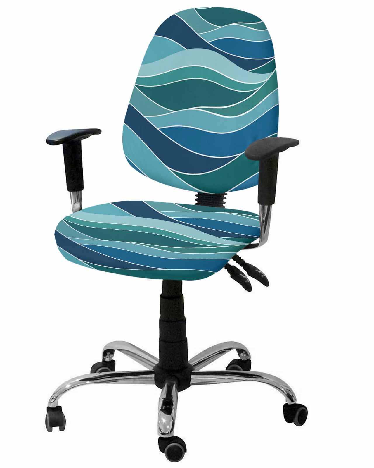 Blue Teal Turquoise 2 Pieces Computer Office Chair Covers Set,Stretchable Desk Rotating Chair Seat Cushion Slipcover Back Covers,Retro Abstract Gradient Striped Slipcover Back Cover,Protectors Cover