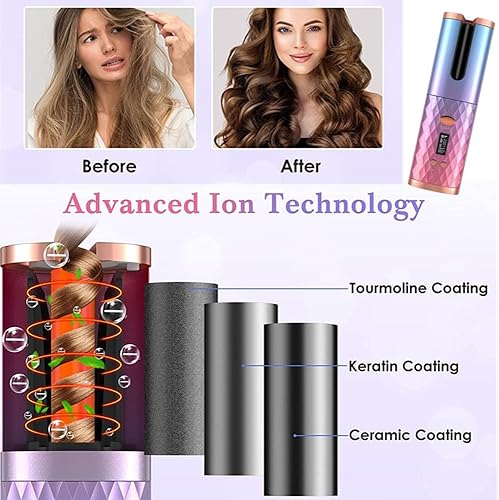 Miniatura 6 de Rizador de pelo automático, inalámbrico y portátil, rizador automático recargable con múltiples ajustes de temperatura y pantalla LCD, herramienta