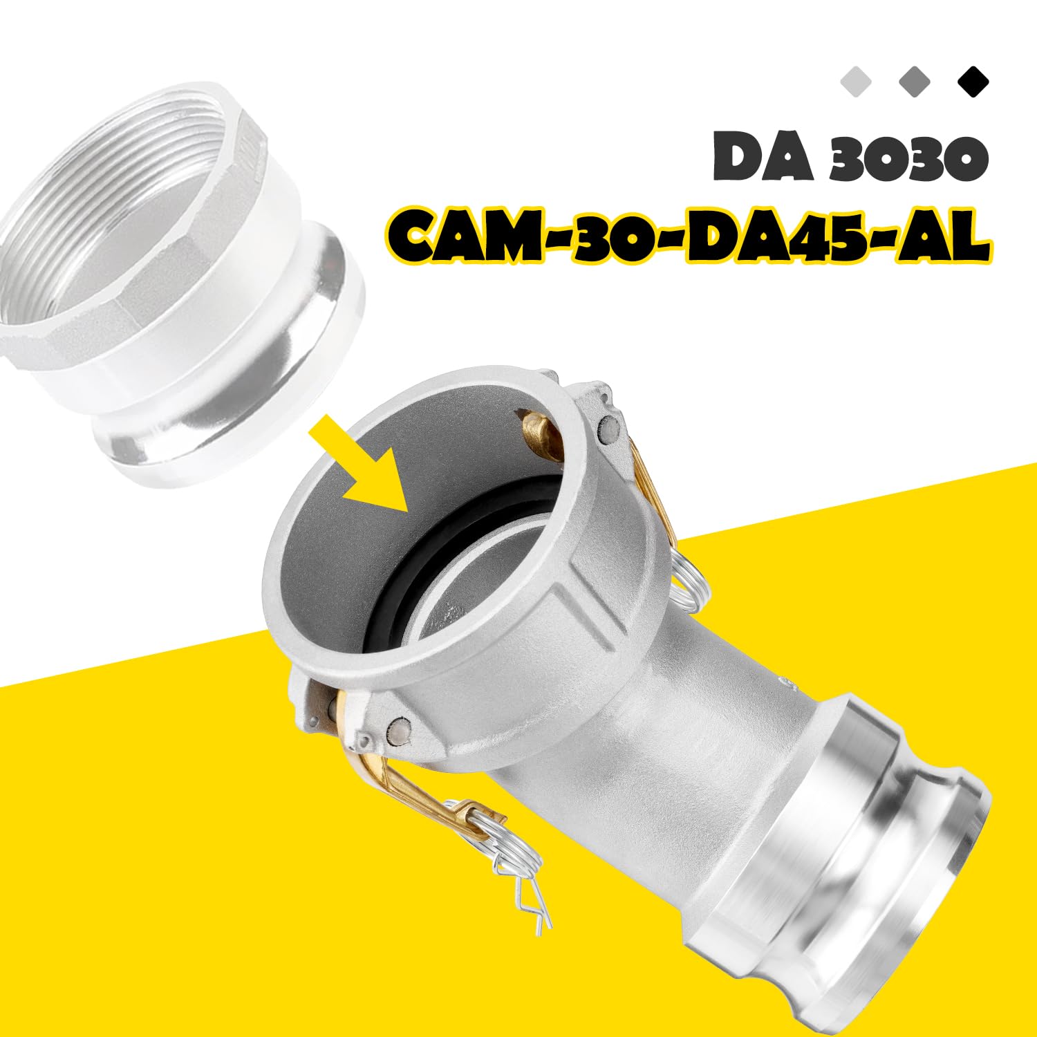 DA3030 Typ DA Nocken- und Rillenschlauchverschraubung, 45-Grad-Winkel, 7,6 cm Camlock weiblich x 7,6 cm männlich, 125 PSI, Aluminiummaterial (CAM-30-DA45-AL)
