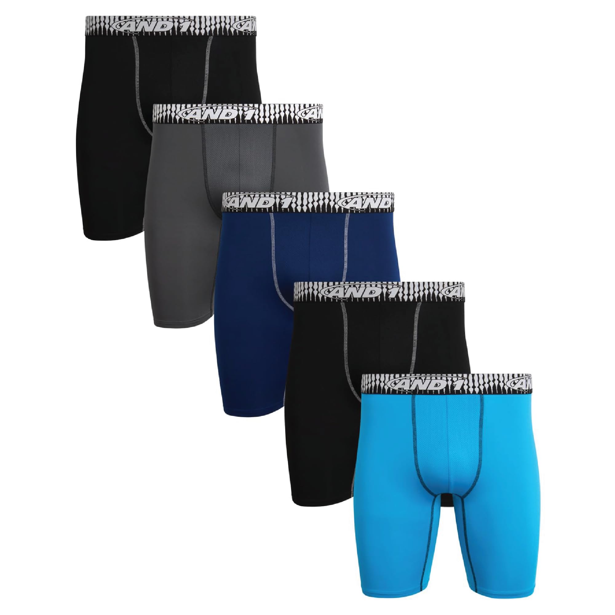 AND1 Mens Boxer Briefs - 5 Pack Performance Stretch Mens Underwear Long Leg Boxers for Men with Contour