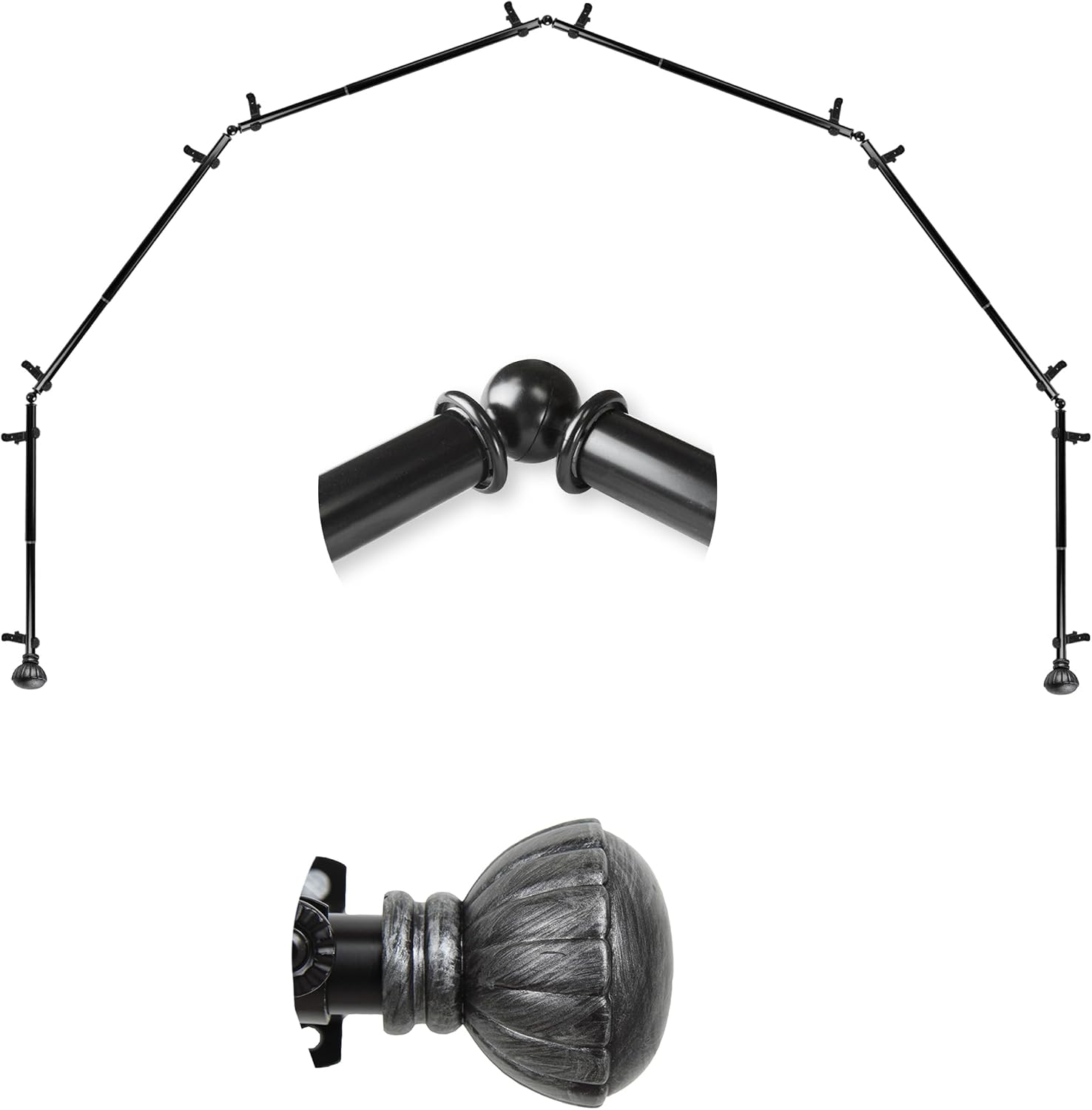 Flower 13/16" 6-Sided Bay Window Curtain Rod 28-48" (Each Side) - Black