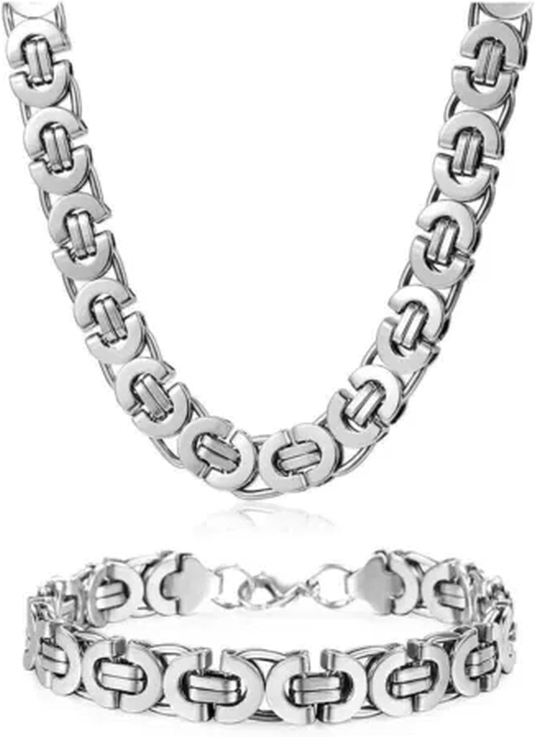 11mm Men's Silver Flat Byzantine Chain Necklace Bracelet Set Stainless Steel