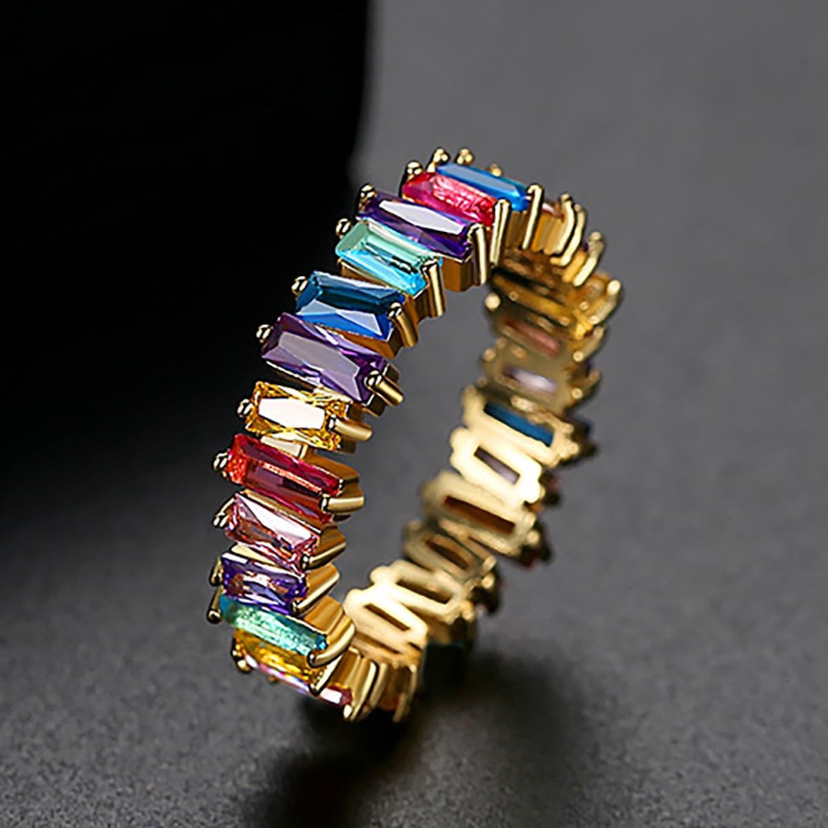 Rainbow Moissanite Eternity Band in 14K Gold, Colorful Wedding Ring for Women, Perfect for Birthday or Engagement, Size 6-9