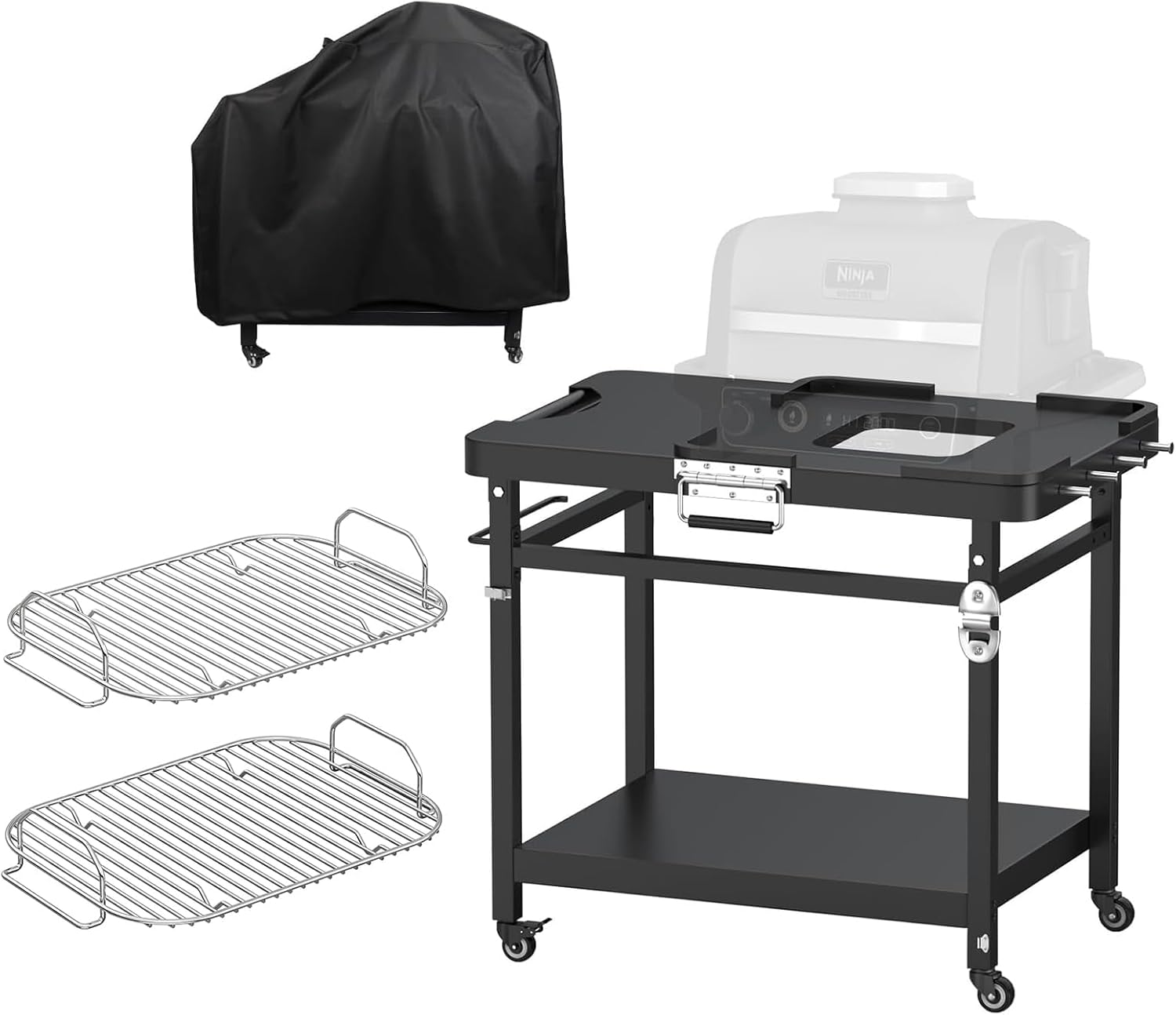 Universal Grill Stand & Stainless Steel Smoke Roast Rack for Ninja Woodfire OG700 Series XSKGRDPLT Grills Part,Accessories with 4 Wheels & Grill Cover