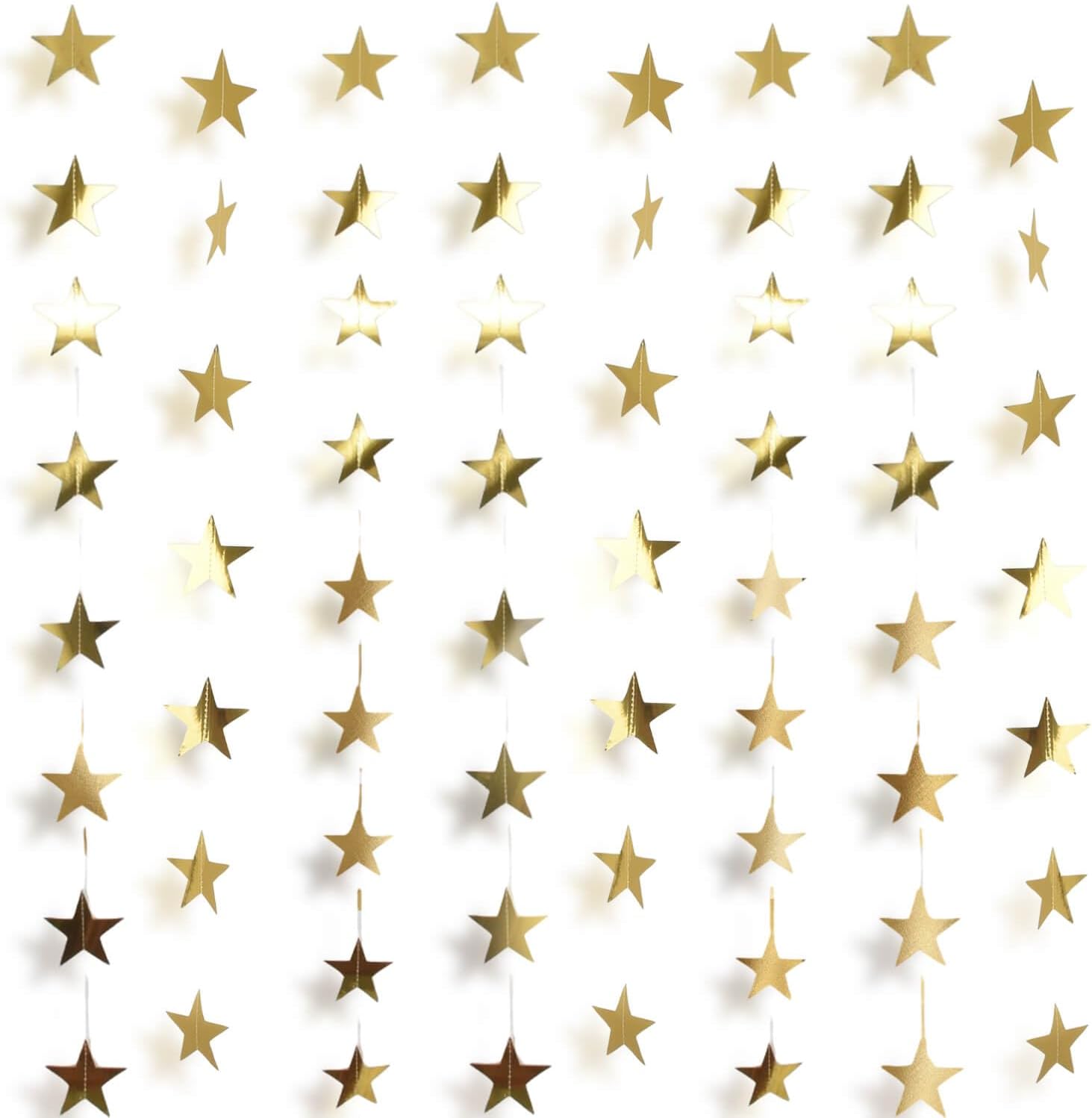 105Feet Gold Star Garland Party Banner for Graduation Decorations 2026 Class Grad Birthday Hanging- Golden Double Side Twinkle Paper Stars Streamers Backdrop for Wall Ceiling Decor, 8Pack