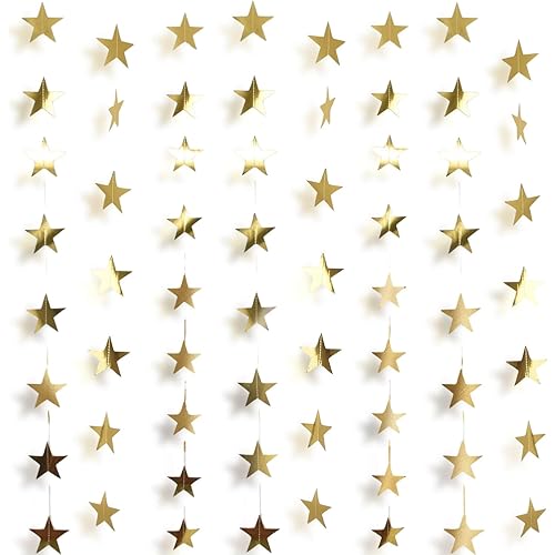 Birthday Graduation Decorations, 105Feet Gold Star Garland Party Banner Hanging- Golden Double Side Twinkle Paper Stars Streamers Backdrop for Prom Classroom Welcome Home Ceiling Decor, 8Pack