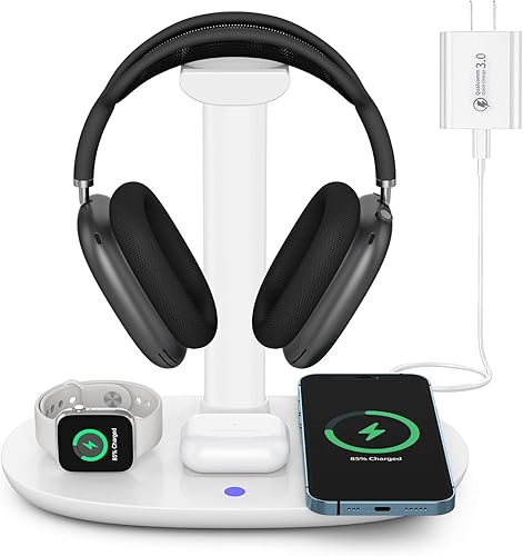 Soporte para auriculares con cargador inalámbrico de 15 W, estación de carga Suguder 4 en 1, soporte para auriculares para AirPods MaxPro432 iWatch