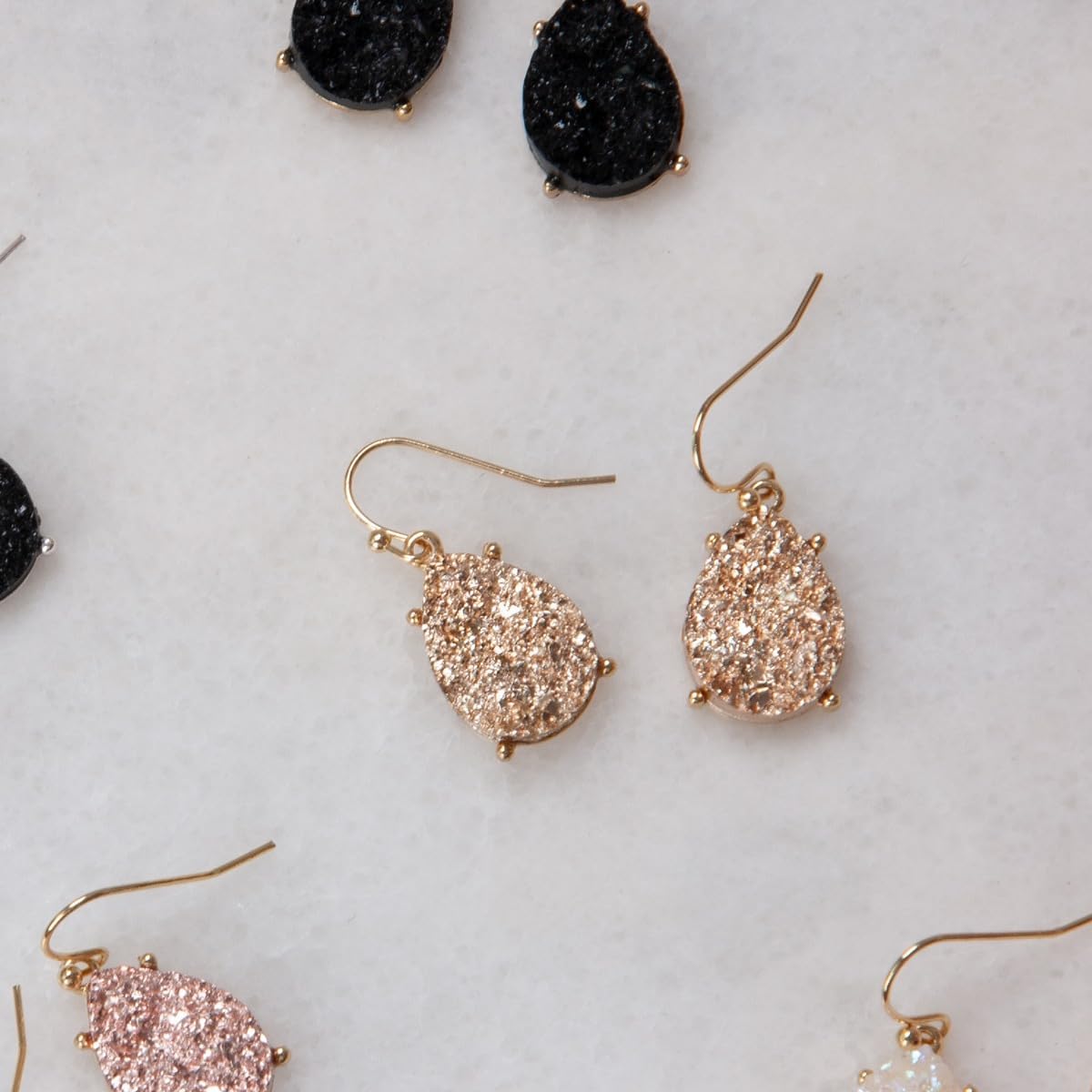 Teardrop Dangle Earrings for Women with Simulated Druzy Stones in Gold or Silver Tone - Image 7