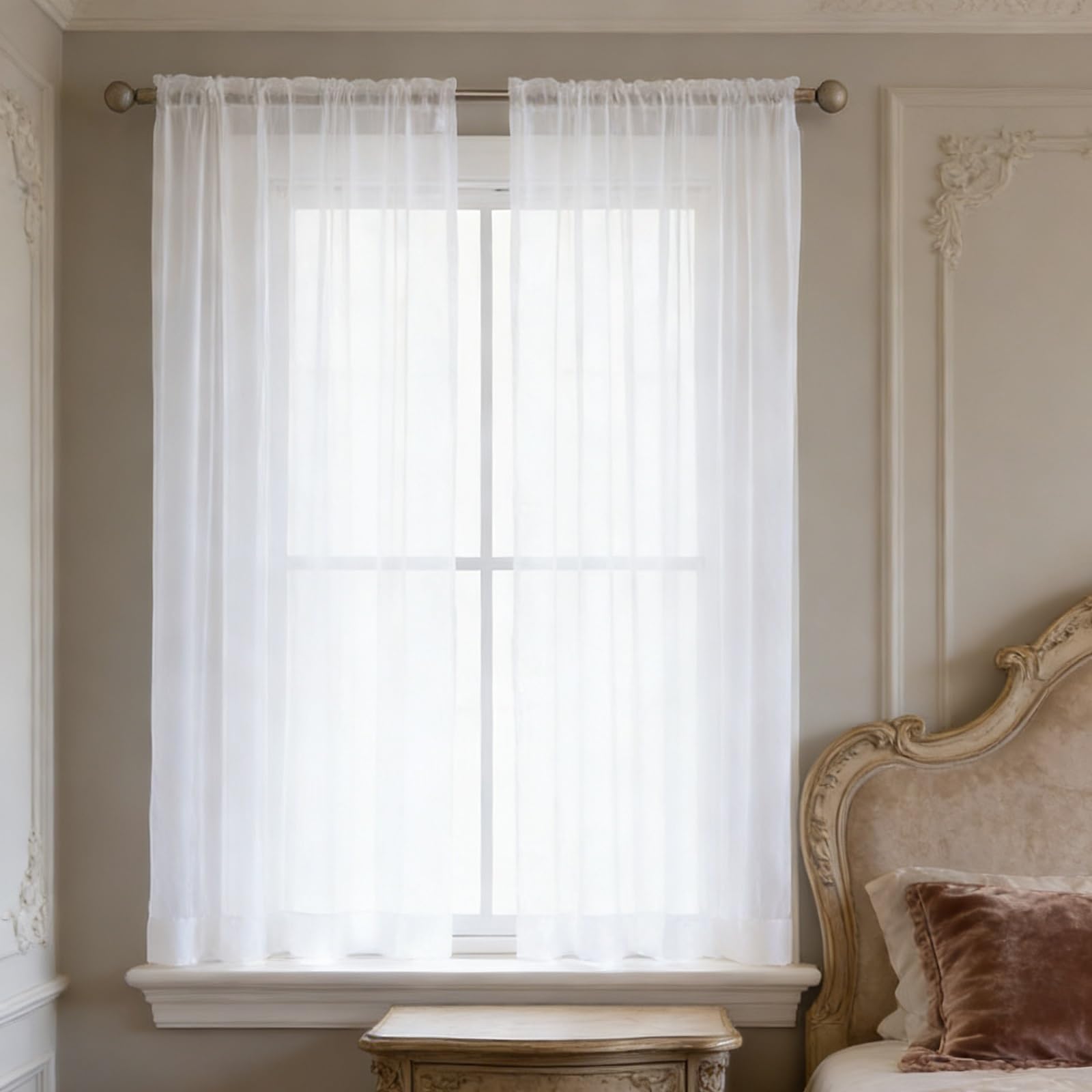Rideaux voilage 240x230 cm blanc effet lin LONGCAO avec anneaux pour fenêtres