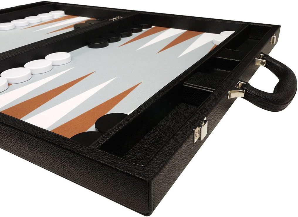 19-inch Premium Backgammon Set - Large Size - Black Board, White and Rum Points