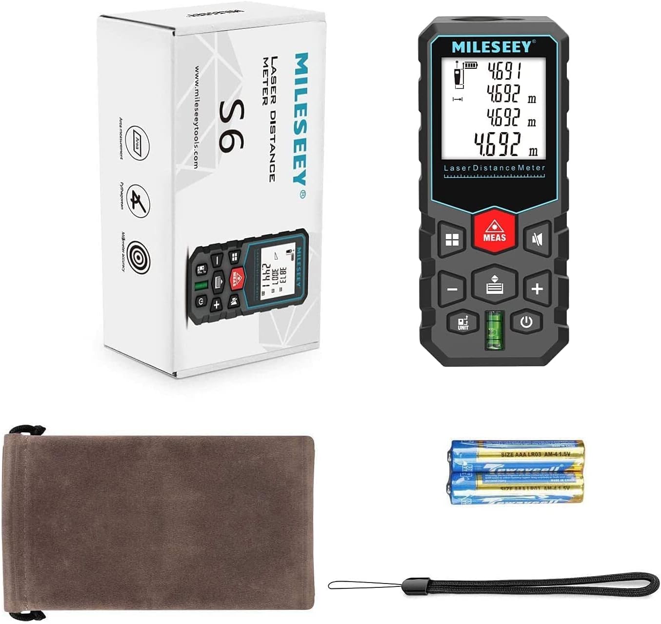 Mileseey Laser Measure, 40M/131Ft Laser Distance Meter,±2mm Accuracy Laser Measure Device with Pythagorean Mode, Distance, Area and Volume Measurement with Mute Function LCD Backlit