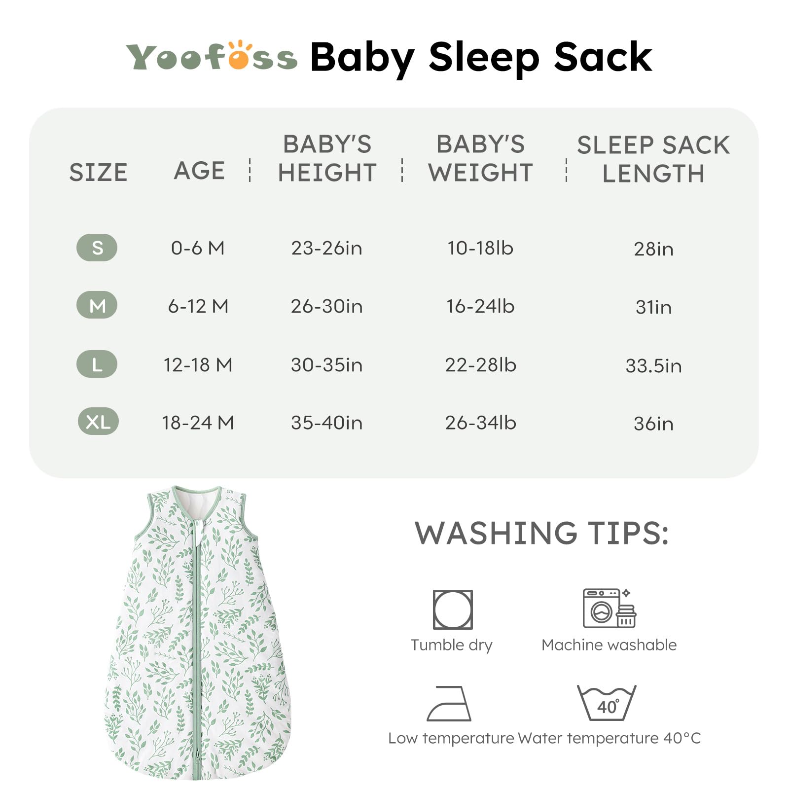 Yoofoss Saco de Dormir para Bébé 1.5 TOG Algodón Todo el año Primavera Otoño Dormir para Unisex Niñas Niños 0-6 Meses Saco de Dormir 67 cm- Hojas