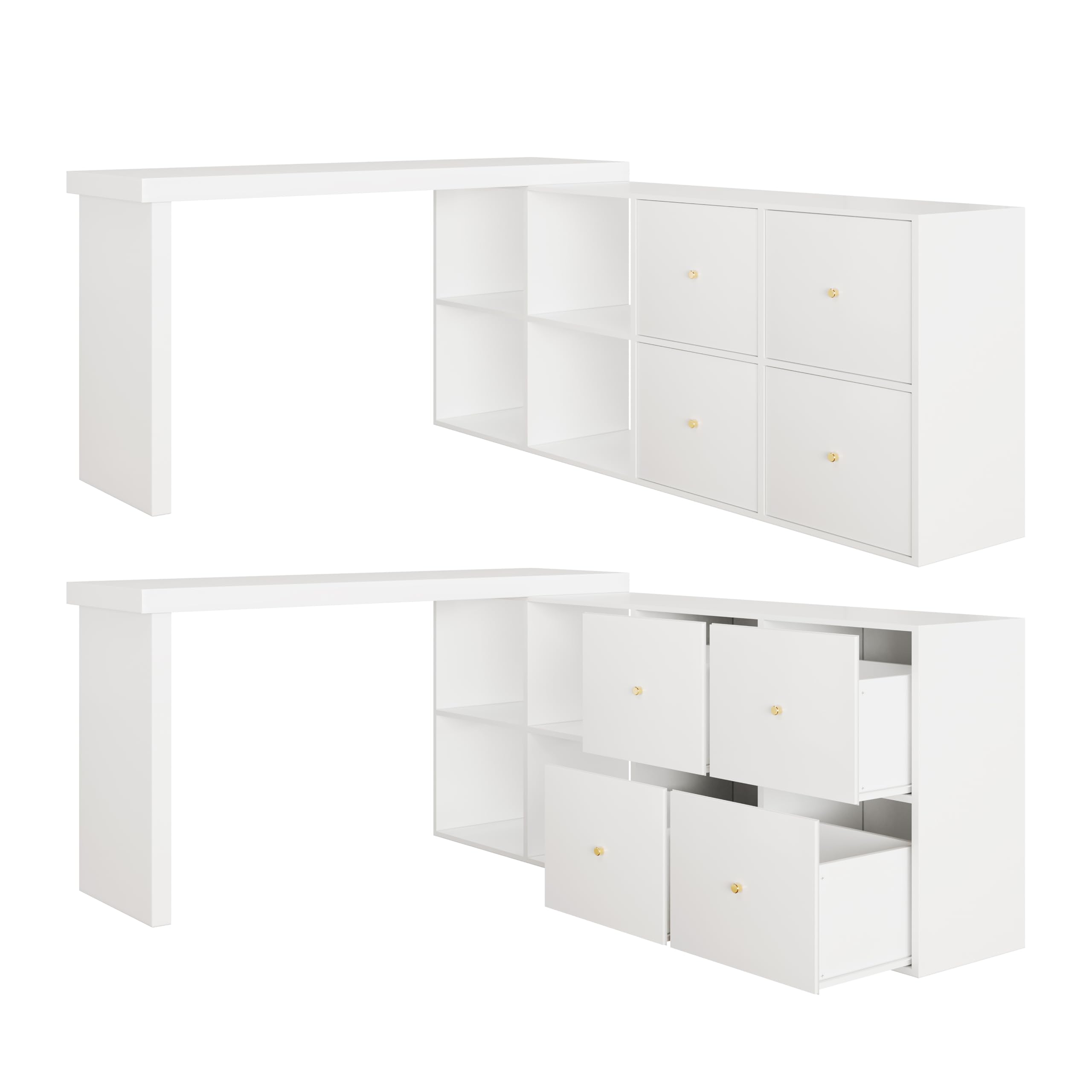 Kebnor Mesa esquinera, tablero orientable 360°, en forma de L o de pie recto, tablero de fibra de densidad media, tablero y patas reforzadas de 4 cm, con 4 compartimentos, cajones, escritorio