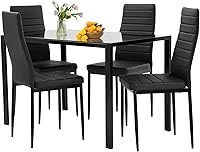 FDW 5-Piece Black Glass Dining Table Set with 4 Faux Leather Upholstered Chairs - Space-Saving Modern Kitchen Table for 4, Easy Assembly