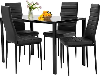 FDW 5-Piece Black Glass Dining Table Set with 4 Faux Leather Upholstered Chairs - Modern Space-Saving Kitchen Table for 4