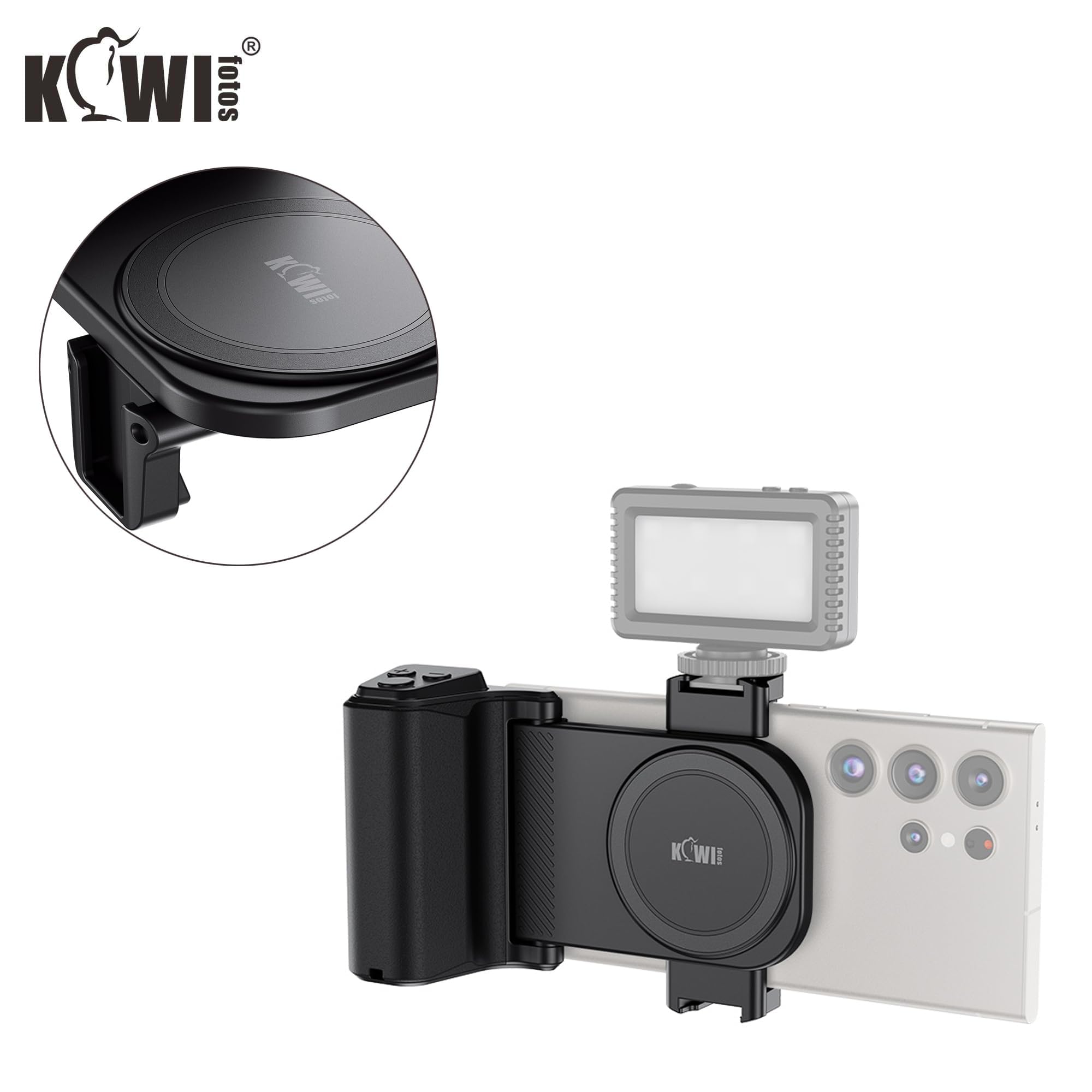 KIWIFOTOS Impugnatura Grande Smartphone Grip con Wireless Telecomando Bluetooth, Registrazione Vlogging Riprese per Telefoni Android e iOS Larghezza 59-85mm