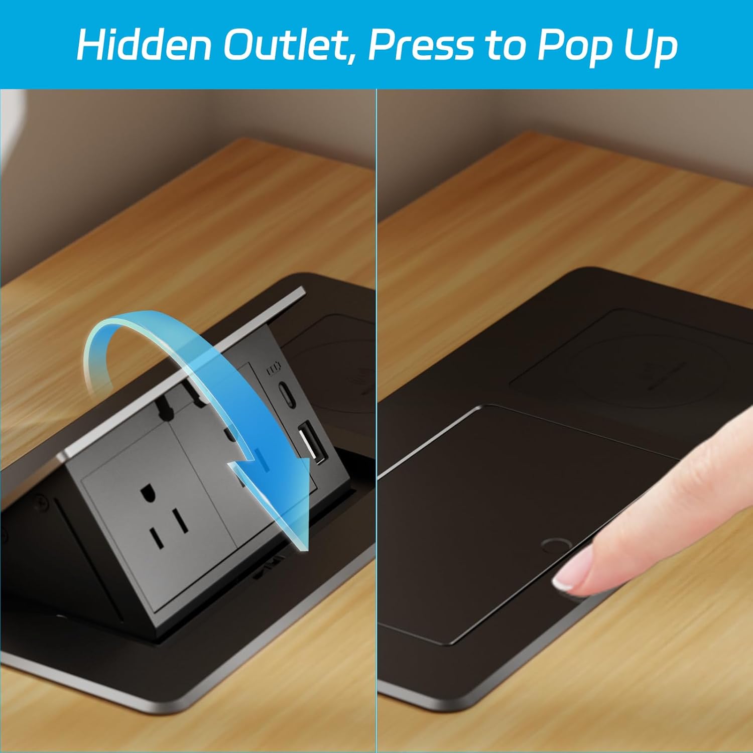 Pop Up Power Strip with 2 AC,1 USB A/C Port and Wireless Charging,Recessed Power Outlet with 20W PD USB A,USB C Port and 15W Wireless Charging,Desk Outlet with 6ft Cord
