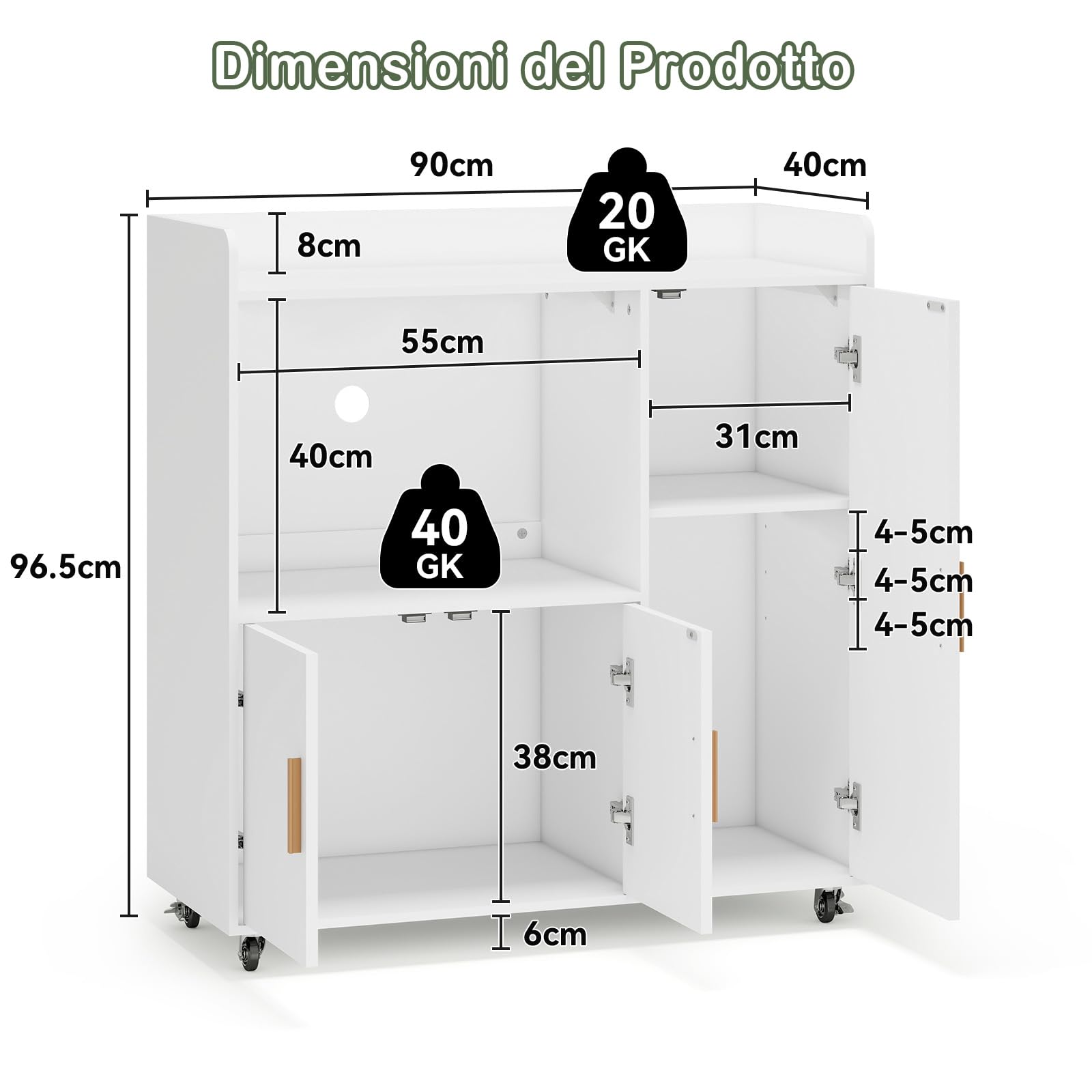 YU YUSING Carrello Cucina con Ripiano Aperto, Mobile Microonde con 4 Ruote