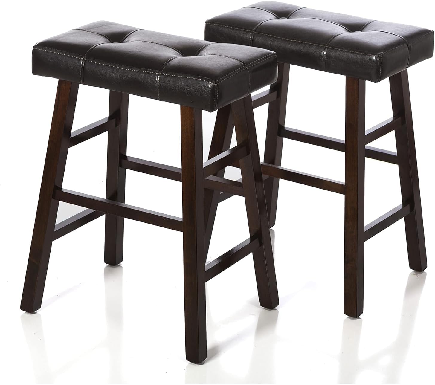 Legacy Decor 2 Counter Bar Stool Set - 24" High Dark Espresso Barstools with Wrapped Bonded Faux Leather Seat - Solid Wood Modern Countertop Stools - Ideal for Kitchen Island & Bar Areas