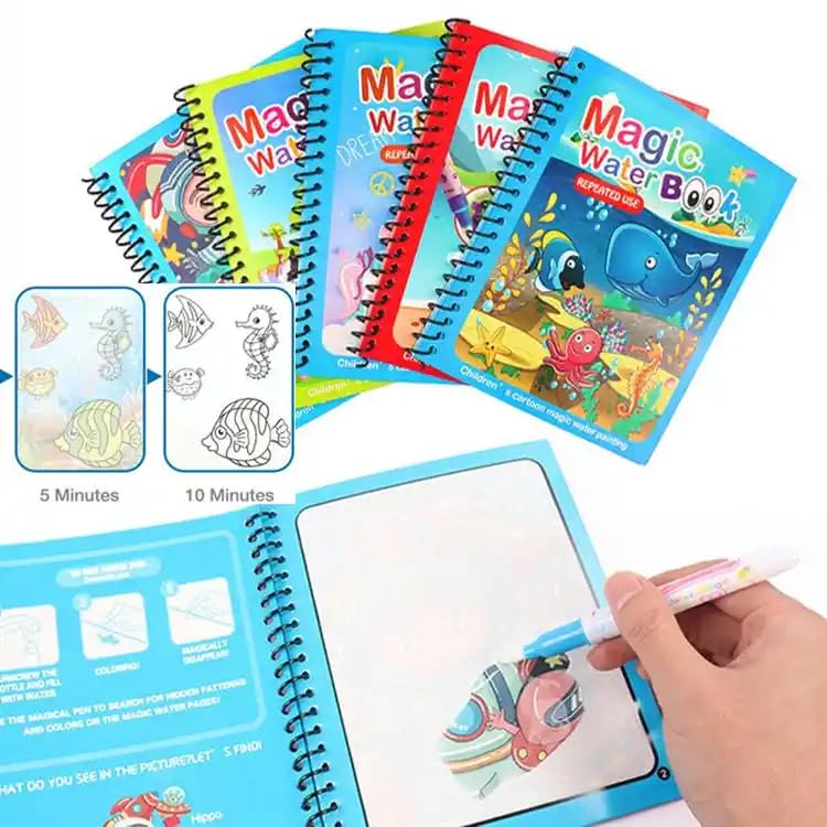 (4 Pack) Magic Water Book for Kids with Magical Water Doodle Pen, Reusable Self Drying Water Painting Books, Best Montessori Toy Gift, Age 3+ Years 1