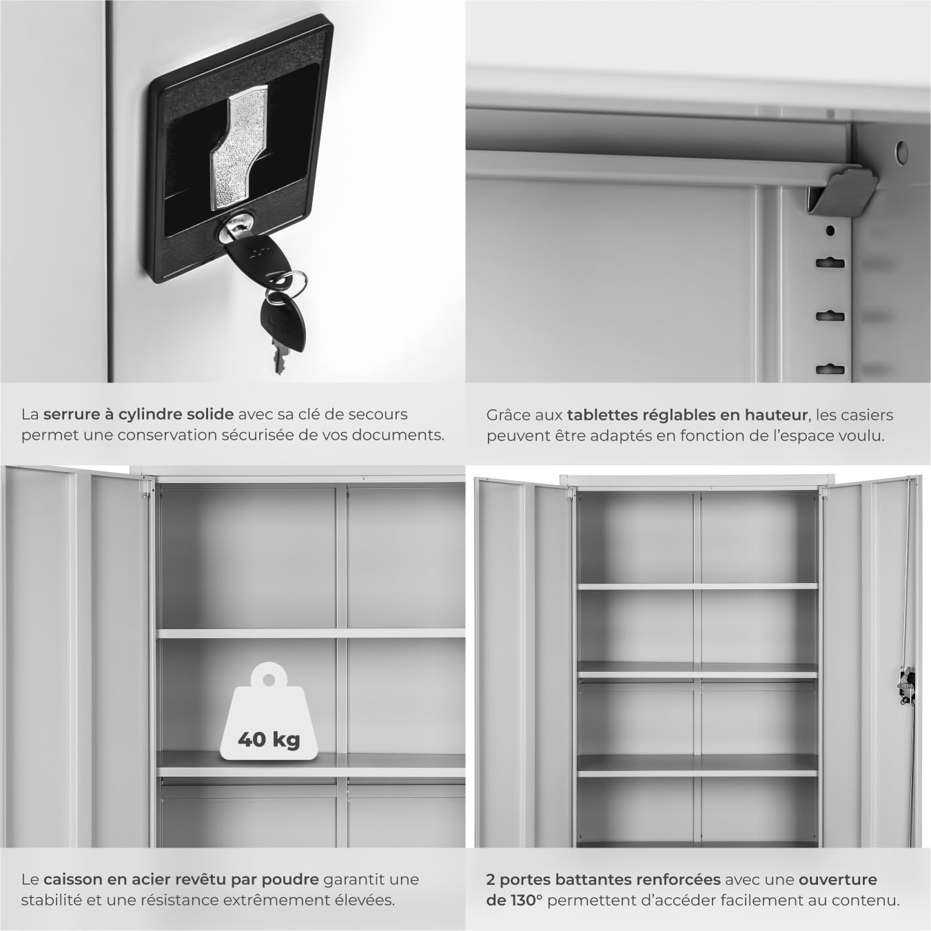 tectake® Armoire de Bureau métallique 140x90x40 cm avec Serrure Rangement Bureau avec 4 Compartiments pour Classeur Rangement Documents Industriel Meuble 2 Portes, 3 Étagères Réglables en Hauteur