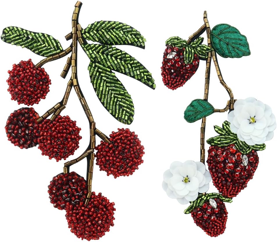 Exquisite Bead Lychee Sequin Strawberry Sew on Patches for DIY Clothing, Jackets, Jeans, Backpacks, Hats, Arts Craft (C Mix 2pieces)
