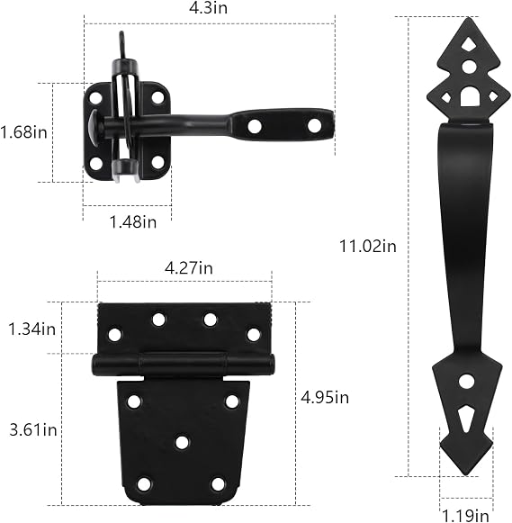 HOME MASTER HARDWARE Wood Gate Hardware Set-3-1/2in T Hinge & Heavy Duty Gate Latch & Decorative Gate Handle with Screws for Outdoor Fence Swing Gate Black Finish