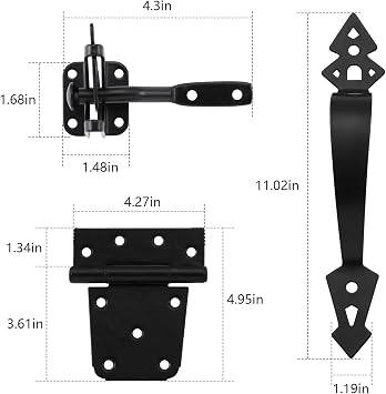 HOME MASTER HARDWARE Wood Gate Hardware Set-3-1/2in T Hinge & Heavy Duty Gate Latch & Decorative Gate Handle with Screws for Outdoor Fence Swing Gate Black Finish