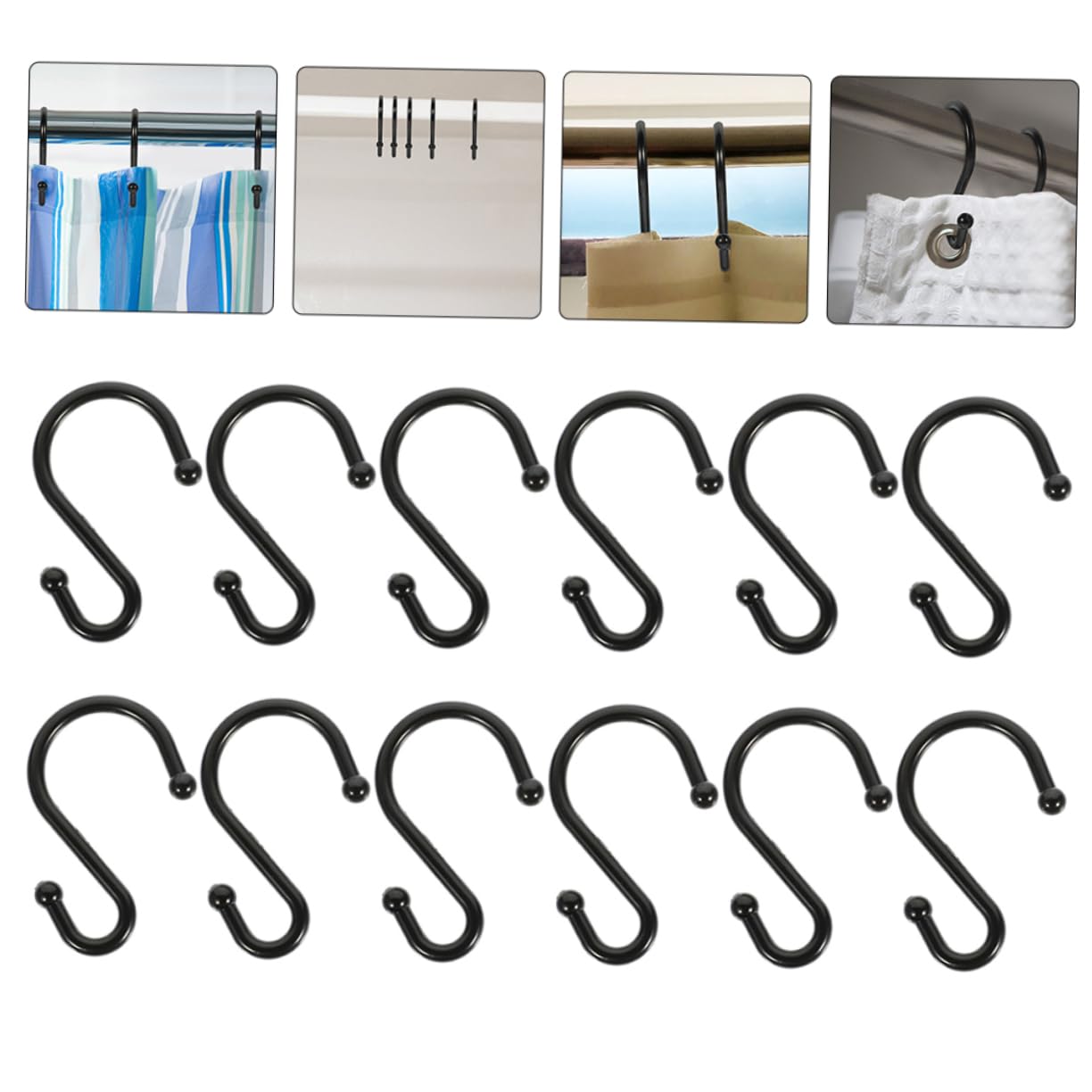 Crochets de Rideau de Bain Noir en Alliage de Zinc, Lot de 24, Forme S, Surface Lisse, pour Salle de Bain
