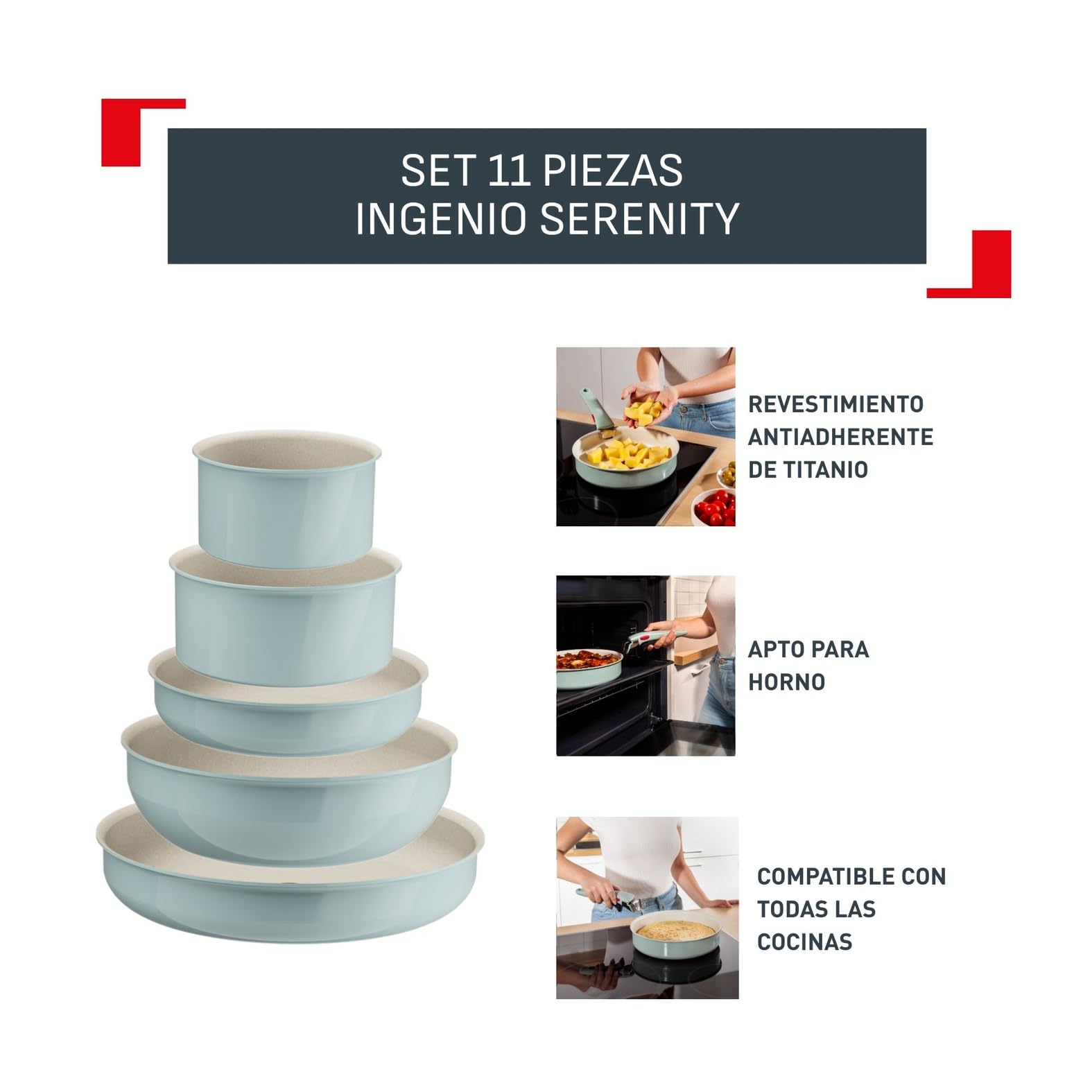 Tefal Ingenio Serenity - Juego de 2 Sartenes 22/28 cm + Wok 26 cm + 2 Cazos 16/20 cm + 4 Accesorios + 2 Mangos, Revestimiento Antiadherente, Apilable, Inducción, Apto lavavajillas y horno, Eucalipto — view 3